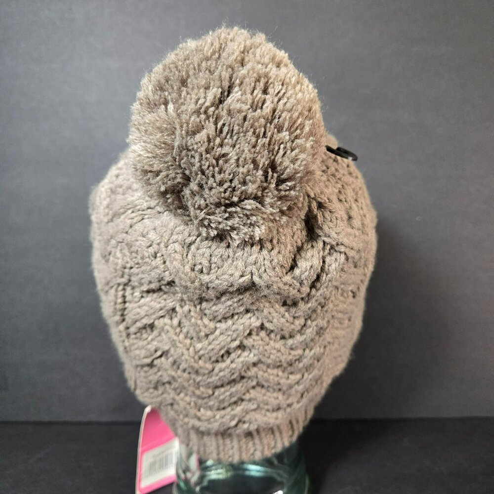 Isaac Mizrahi Beige Super Soft Ribbed Knit Pom Pom Beanie Fleece Lined Warm - Picture 2 of 10
